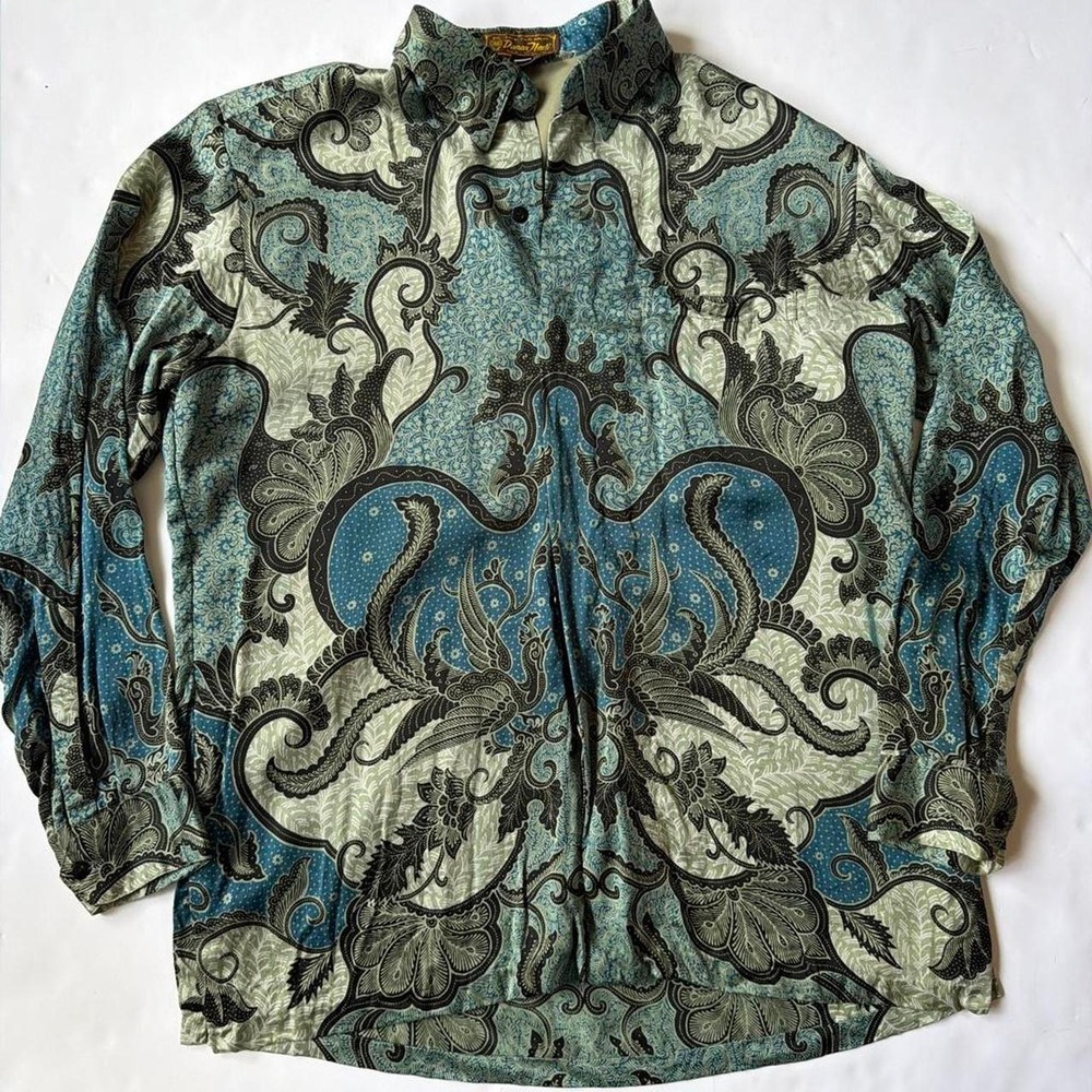 Vintage Danar Hadi Silk Batik Paisley Dress Shirt Teal Blue Green Large 70s